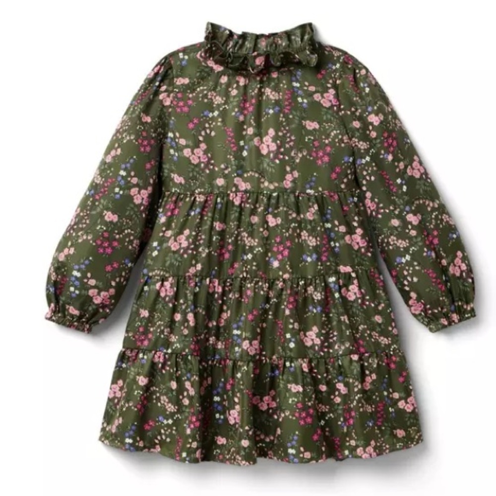 Janie and Jack Olive Floral Ruffled Tiered Dress with Pink and Purple Flowers